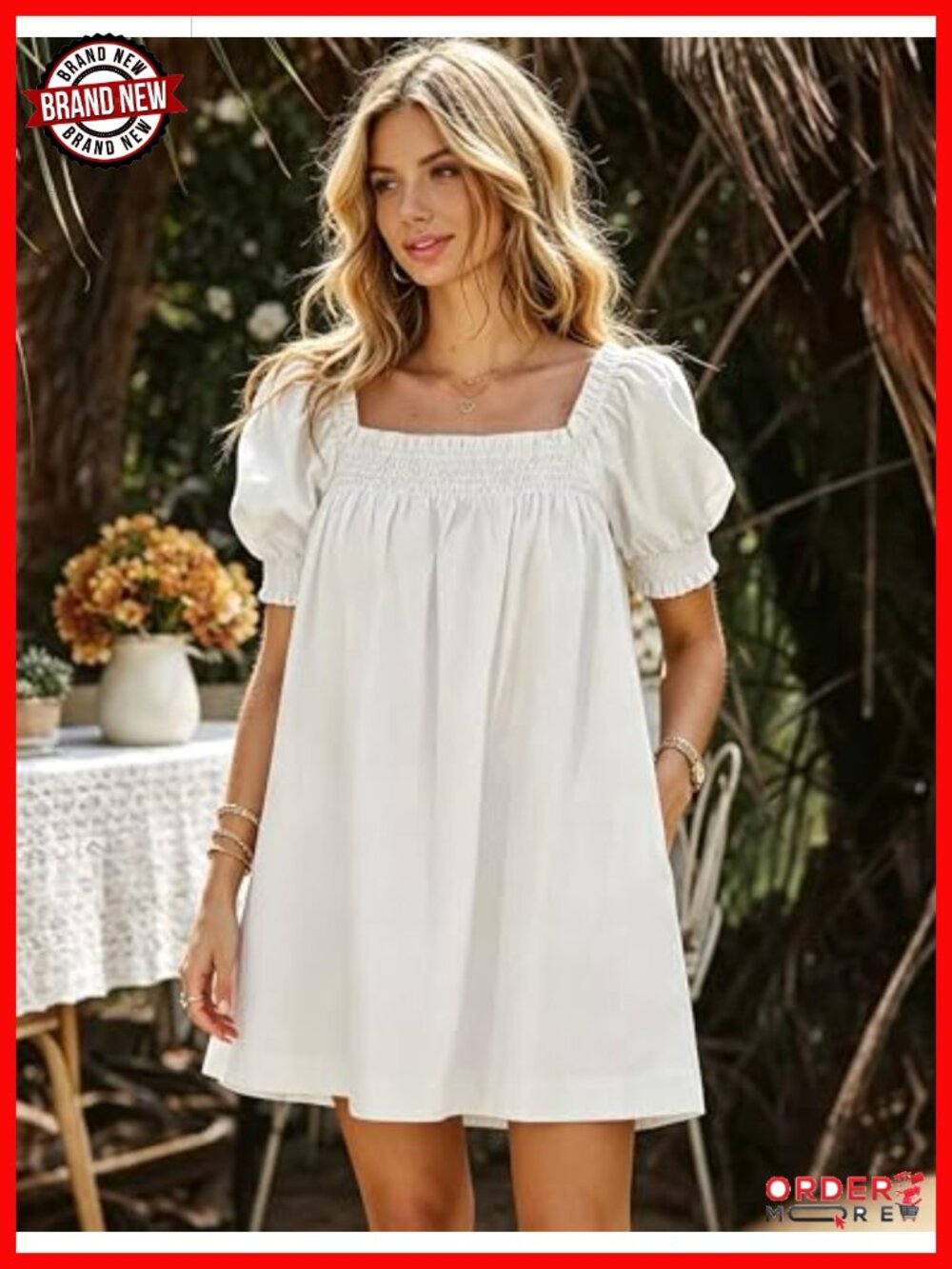 A-Line Square Neck Puff Sleeve Summer Mini Dress with Pockets - Picture 3 of 6